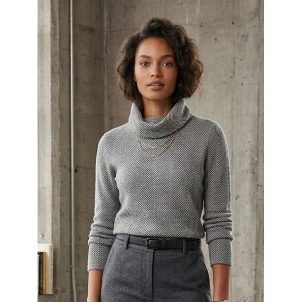 J.Crew Women Herringbone Funnel Neck Pullover Sweater Black White Fleece Lined S